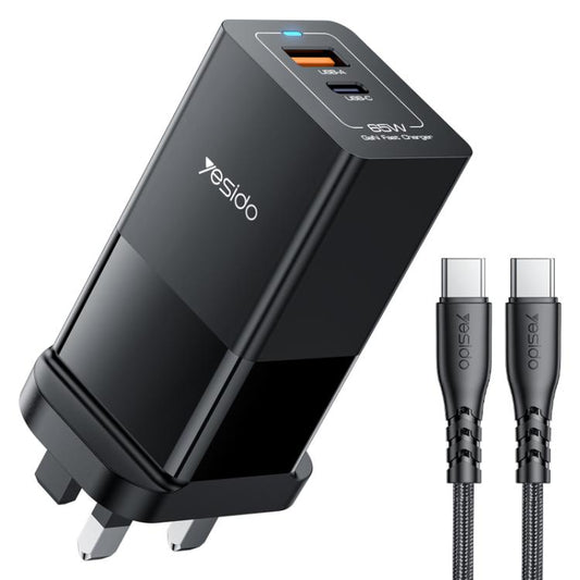 Yesido YC92 65W USB and USB-C / Type-C Dual Port GaN Fast Charger Set, UK Plug(Black) - USB Charger by Yesido | Online Shopping UK | buy2fix