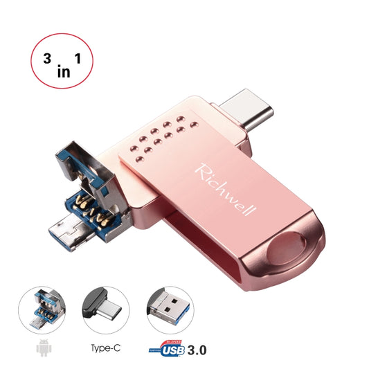 Richwell 3 in 1 16G Type-C + Micro USB + USB 3.0 Metal Flash Disk with OTG Function(Rose Gold) - U Disk & Card Reader by Richwell | Online Shopping UK | buy2fix