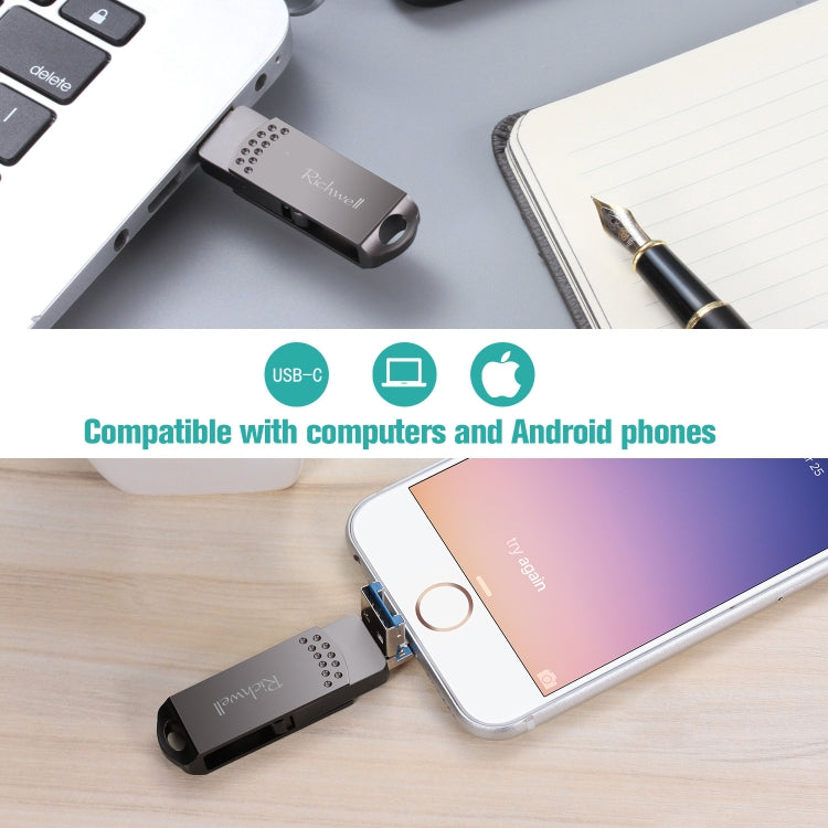 Richwell 16G Type-C + 8 Pin + USB 3.0 Metal Push-pull Flash Disk with OTG Function(Rose Gold) - U Disk & Card Reader by Richwell | Online Shopping UK | buy2fix