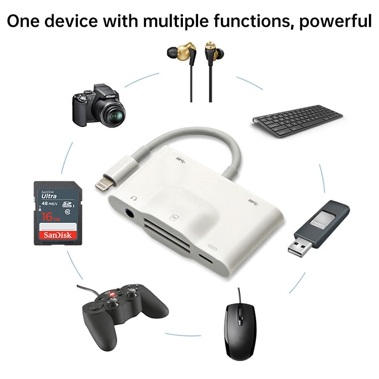 NK-1042 6 in 1 8 Pin Male to Dual USB + Dual SD Card + 3.5mm Audio Interface + 8 Pin Charging Interface Female Port Camera Adapter - Converter & Adapter by buy2fix | Online Shopping UK | buy2fix