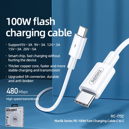 REMAX Marlik Series RC-175c PD 100W USB-C / Type-C to USB-C / Type-C Interface Fast Charging Data Cable, Cable Length: 1m (White) - USB-C & Type-C Cable by REMAX | Online Shopping UK | buy2fix