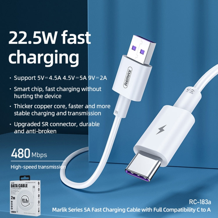 REMAX Marlik Series RC-183a 22.5W 5A USB to USB-C / Type-C Interface Fully Compatible Fast Charging Data Cable, Cable Length: 2m (White) - USB-C & Type-C Cable by REMAX | Online Shopping UK | buy2fix