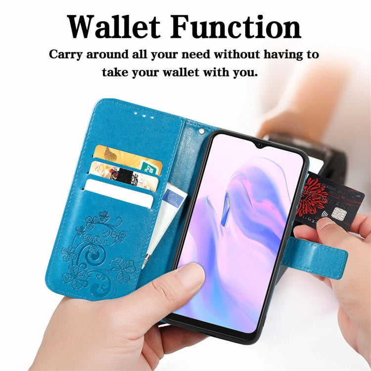 For Blackview A70 Four-leaf Clasp Embossed Buckle Mobile Phone Protection Leather Case with Lanyard & Card Slot & Wallet & Bracket Function(Blue) - More Brand by buy2fix | Online Shopping UK | buy2fix