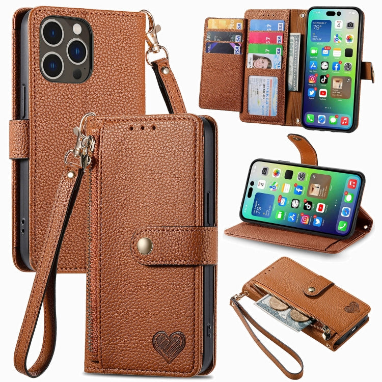 For iPhone 16 Pro Max Love Zipper Lanyard Leather Phone Case(Brown) - iPhone 16 Pro Max Cases by buy2fix | Online Shopping UK | buy2fix