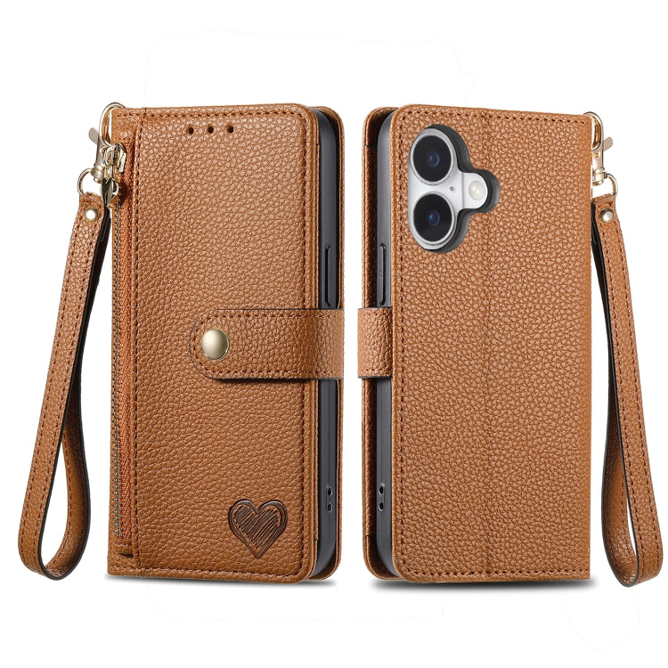 For iPhone 16 Pro Max Love Zipper Lanyard Leather Phone Case(Brown) - iPhone 16 Pro Max Cases by buy2fix | Online Shopping UK | buy2fix