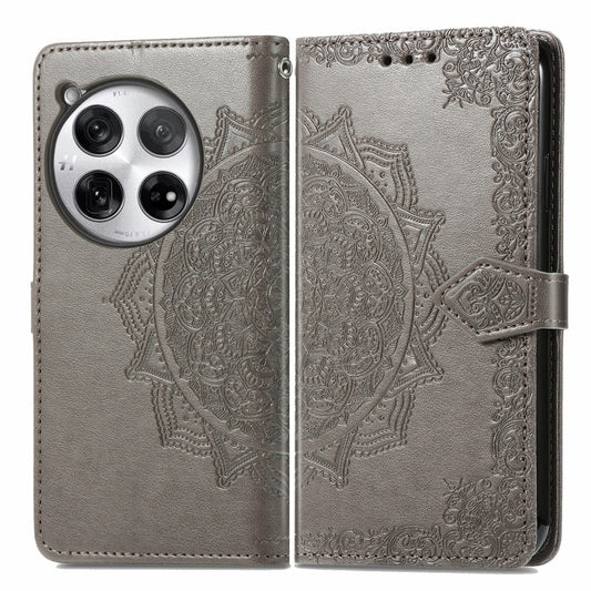 For OnePlus 12 Mandala Flower Embossed Leather Phone Case(Gray) - OnePlus Cases by buy2fix | Online Shopping UK | buy2fix