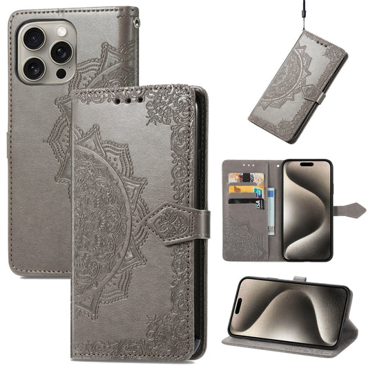 For iPhone 16 Pro Mandala Flower Embossed Leather Phone Case(Gray) - iPhone 16 Pro Cases by buy2fix | Online Shopping UK | buy2fix