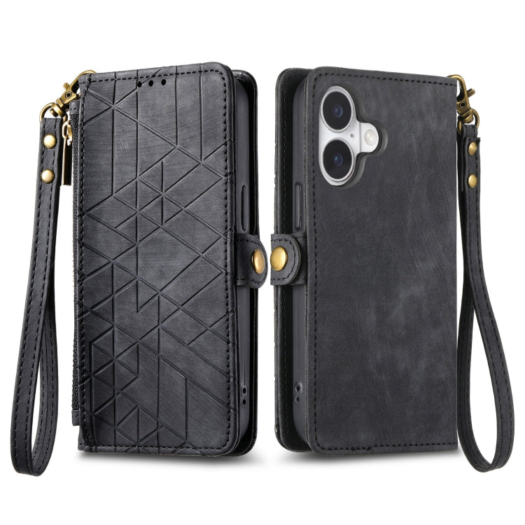 For iPhone 16 Geometric Zipper Wallet Side Buckle Leather Phone Case(Black) - iPhone 16 Cases by buy2fix | Online Shopping UK | buy2fix