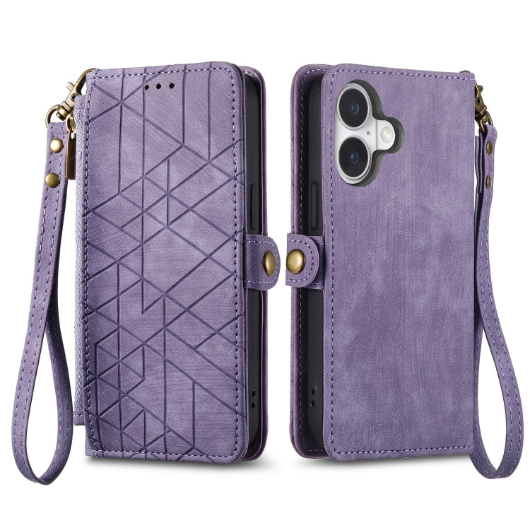 For iPhone 16 Geometric Zipper Wallet Side Buckle Leather Phone Case(Purple) - iPhone 16 Cases by buy2fix | Online Shopping UK | buy2fix