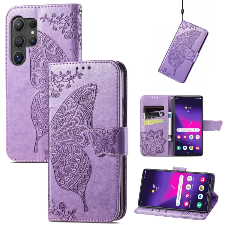 For Samsung Galaxy S24 Ultra 5G Butterfly Love Flower Embossed Leather Phone Case(Light Purple) - Galaxy S24 Ultra 5G Cases by buy2fix | Online Shopping UK | buy2fix