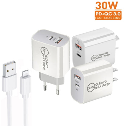 PD30W USB-C / Type-C + QC3.0 USB Dual Port Charger with 1m USB to 8 Pin Data Cable, EU Plug - USB Charger by buy2fix | Online Shopping UK | buy2fix