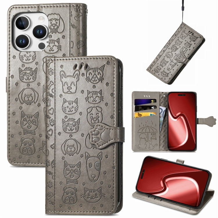 For iPhone 16 Pro Cat and Dog Embossed Leather Phone Case(Gray) - iPhone 16 Pro Cases by buy2fix | Online Shopping UK | buy2fix