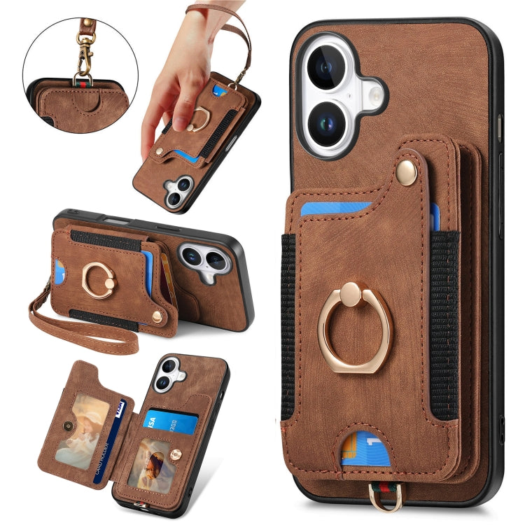 For iPhone 16 Retro Skin-feel Ring Multi-card Wallet Phone Case(Brown) - iPhone 16 Cases by buy2fix | Online Shopping UK | buy2fix