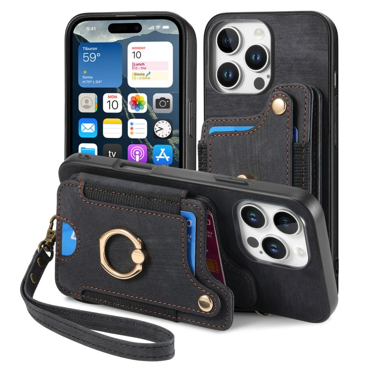 For iPhone 16 Pro Retro Skin-feel Ring Multi-card Wallet Phone Case(Black) - iPhone 16 Pro Cases by buy2fix | Online Shopping UK | buy2fix