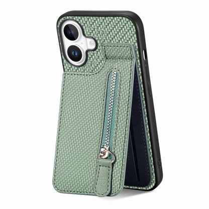 For iPhone 16 Carbon Fiber Vertical Flip Zipper Phone Case(Green) - iPhone 16 Cases by buy2fix | Online Shopping UK | buy2fix