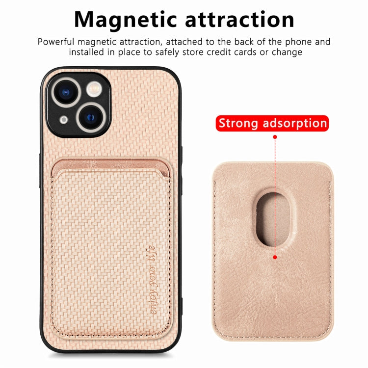 For iPhone 15 Carbon Fiber Leather Card Magsafe Phone Case(Khaki) - iPhone 15 Cases by buy2fix | Online Shopping UK | buy2fix