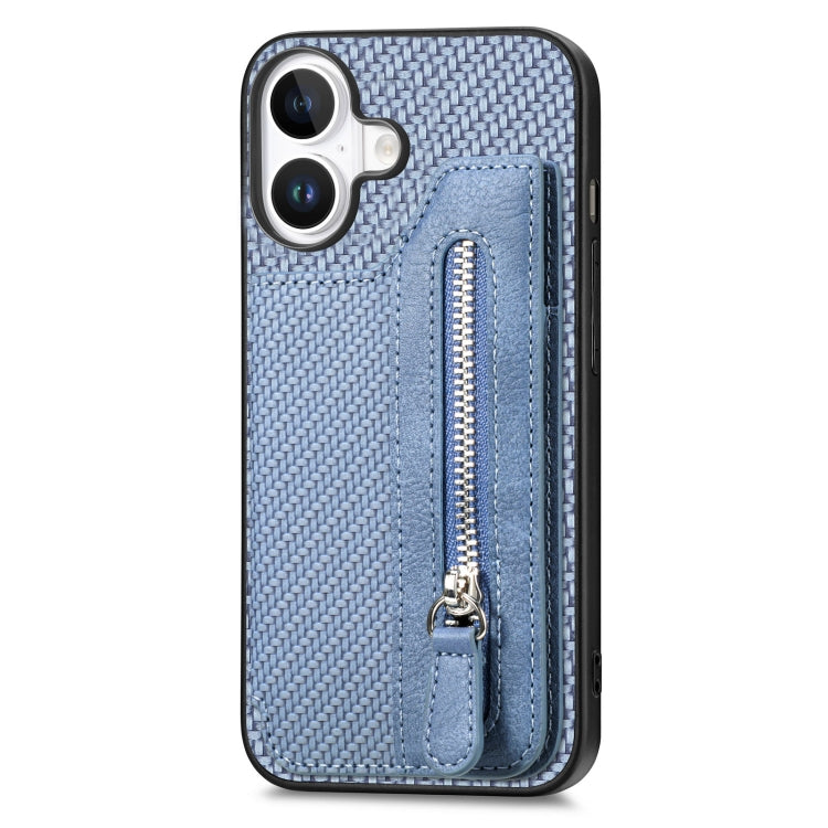 For iPhone 16 Plus Carbon Fiber Horizontal Flip Zipper Wallet Phone Case(Blue) - iPhone 16 Plus Cases by buy2fix | Online Shopping UK | buy2fix