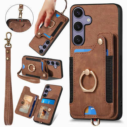 For Samsung Galaxy S25+ 5G Retro Skin-feel Ring Multi-card Wallet Phone Case(Brown) - Galaxy S25+ 5G Cases by buy2fix | Online Shopping UK | buy2fix