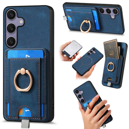 For Samsung Galaxy S25 5G Retro Splitable Magnetic Card Bag Leather Phone Case(Blue) - Galaxy Phone Cases by buy2fix | Online Shopping UK | buy2fix