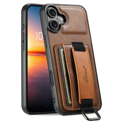 For iPhone 16 Suteni H13 Card Wallet Wrist Strap Holder PU Phone Case(Brown) - iPhone 16 Cases by Suteni | Online Shopping UK | buy2fix