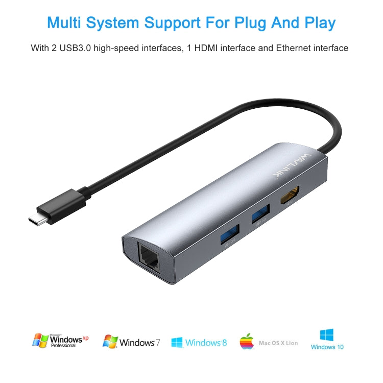 WAVLINK WL-UHP3408 USB HUB Adapter 4-in-1 Type-C to HD + 2xUSB3.0 + Gigabit RJ45 Docking Station - USB HUB by WAVLINK | Online Shopping UK | buy2fix
