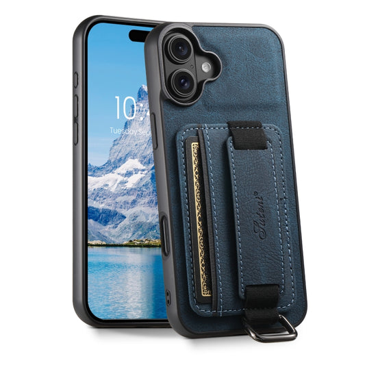 For iPhone 16 Suteni H13 Litchi Leather Wrist Strap Wallet Back Phone Case(Blue) - iPhone 16 Cases by Suteni | Online Shopping UK | buy2fix