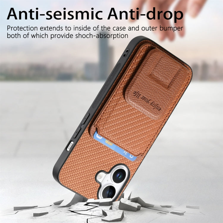 For iPhone 16 Carbon Fiber Card Bag Fold Stand Phone Case(Brown) - iPhone 16 Cases by buy2fix | Online Shopping UK | buy2fix