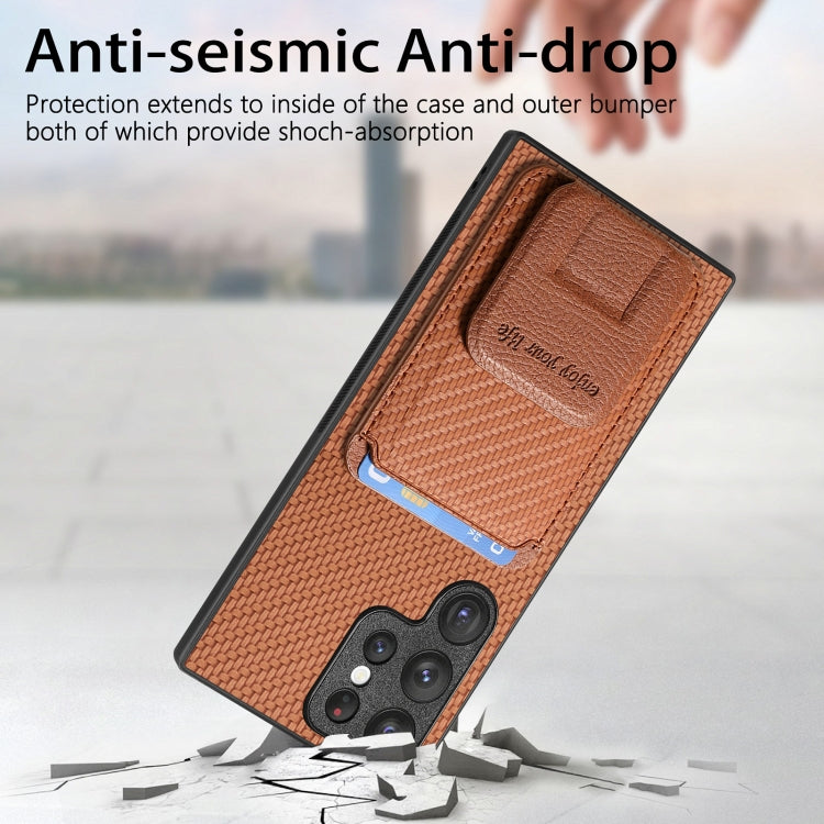 For Samsung Galaxy S23 5G Carbon Fiber Card Bag Fold Stand Phone Case(Brown) - Galaxy S23 5G Cases by buy2fix | Online Shopping UK | buy2fix