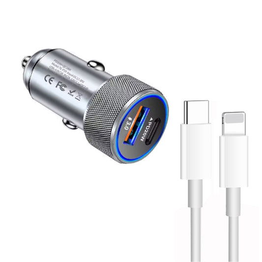 P19 Metal PD20W USB-C + QC18W USB Car Charger with Type-C to 8 Pin Date Cable(Silver Gray) - Car Charger by buy2fix | Online Shopping UK | buy2fix