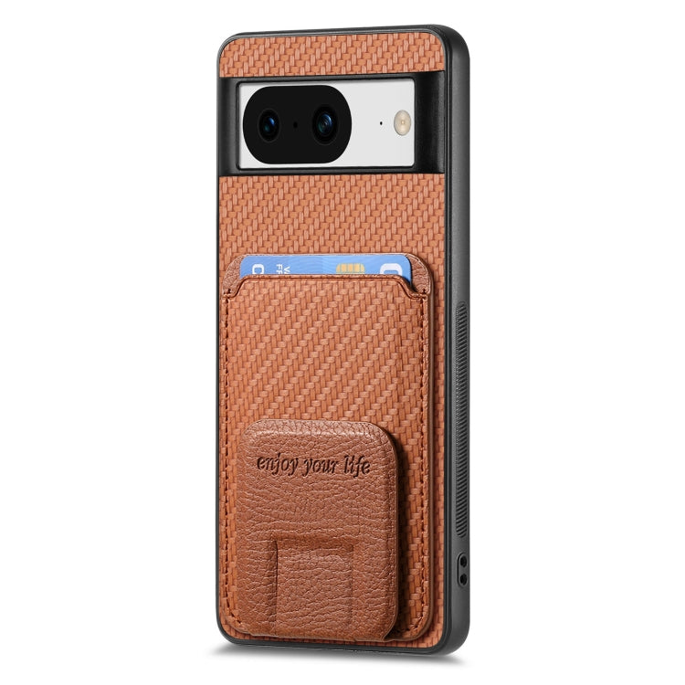 For Google Pixel 6a Carbon Fiber Card Bag Fold Stand Phone Case(Brown) - Google Cases by buy2fix | Online Shopping UK | buy2fix