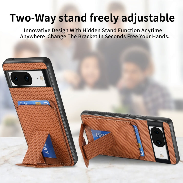 For Google Pixel 6a Carbon Fiber Card Bag Fold Stand Phone Case(Brown) - Google Cases by buy2fix | Online Shopping UK | buy2fix