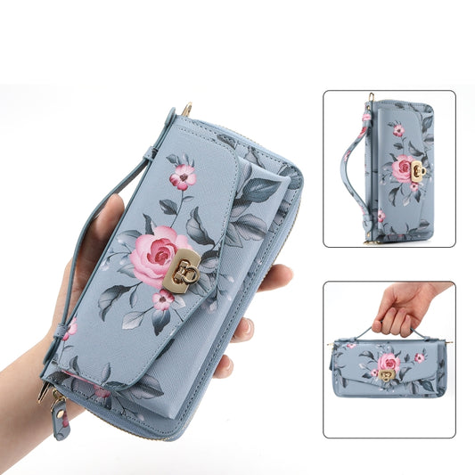 For iPhone 12 Pro MagSafe Flower Multi-functional Crossbody Zipper Wallet Leather Phone Case(Blue) - iPhone 12 / 12 Pro Cases by buy2fix | Online Shopping UK | buy2fix