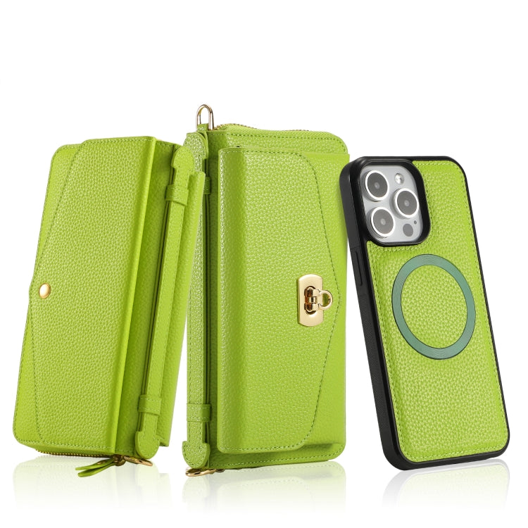 For iPhone 15 Plus MagSafe Crossbody Multi-functional Zipper Wallet Litchi Leather Phone Case(Green) - iPhone 15 Plus Cases by buy2fix | Online Shopping UK | buy2fix