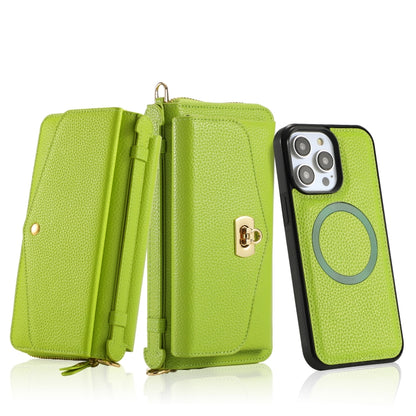 For iPhone 14 Pro MagSafe Crossbody Multi-functional Zipper Wallet Litchi Leather Phone Case(Green) - iPhone 14 Pro Cases by buy2fix | Online Shopping UK | buy2fix