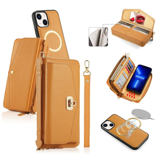 For iPhone 13 MagSafe Crossbody Multi-functional Zipper Wallet Litchi Leather Phone Case(Orange) - iPhone 13 Cases by buy2fix | Online Shopping UK | buy2fix