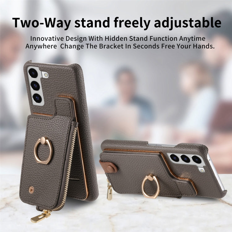 For Samsung Galaxy S22 5G Litchi Leather Oil Edge Ring Zipper Wallet Back Phone Case(Grey) - Galaxy S22 5G Cases by buy2fix | Online Shopping UK | buy2fix