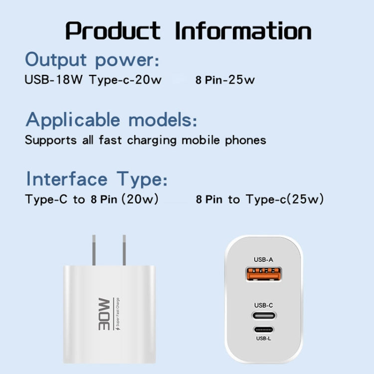 PD30W USB-C / Type-C + 8 Pin + USB Charger with Double Headed Type-C Data Cable(EU Plug) - USB Charger by buy2fix | Online Shopping UK | buy2fix