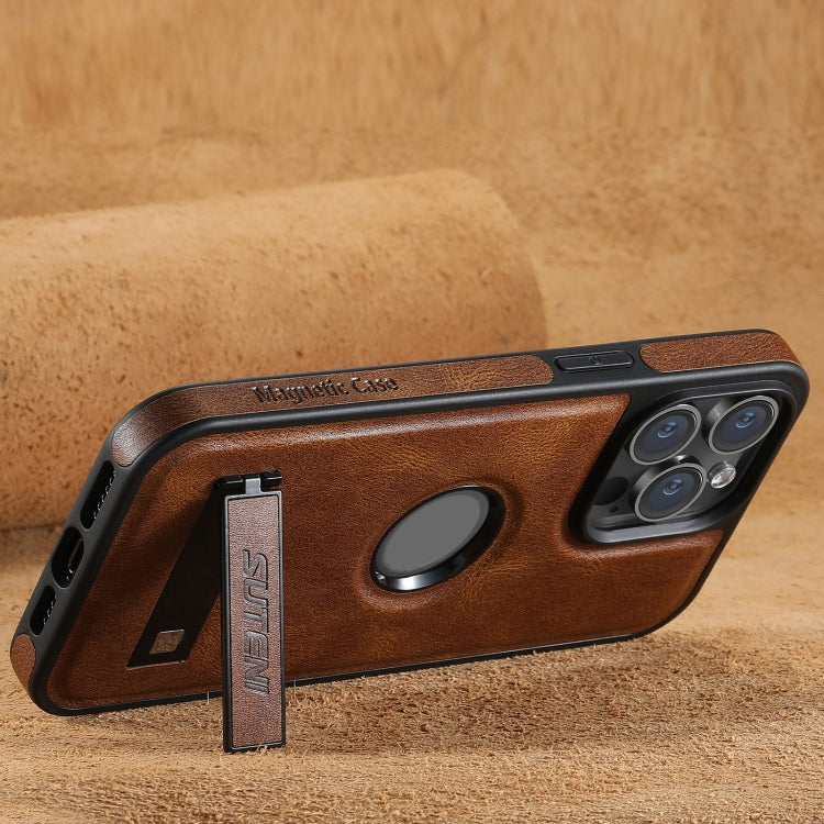 For iPhone 15 Plus Suteni G2 Magsafe Oil Wax Leather Back Phone Case with Holder(Brown) - iPhone 15 Plus Cases by Suteni | Online Shopping UK | buy2fix