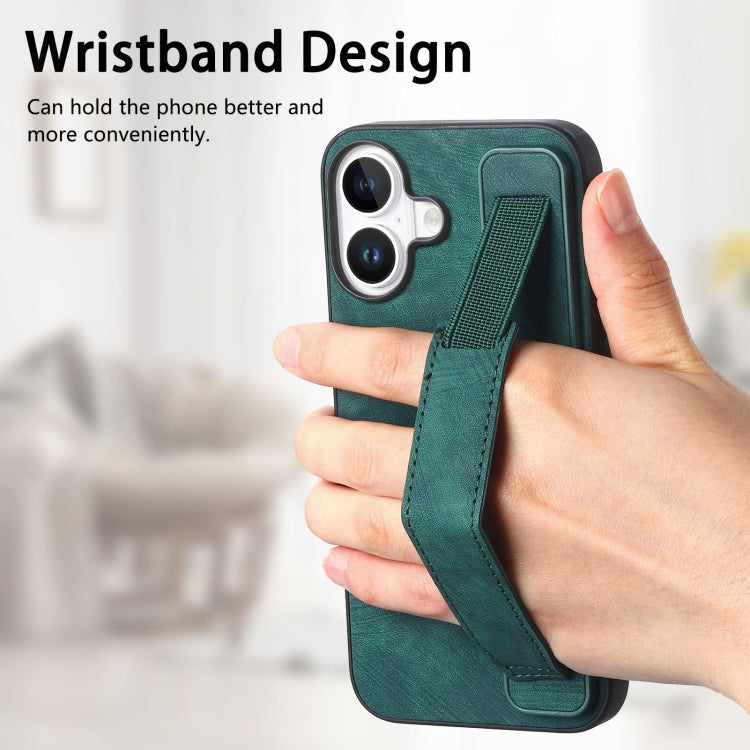 For iPhone 16 Retro Wristband Holder Leather Back Phone Case(Green) - iPhone 16 Cases by buy2fix | Online Shopping UK | buy2fix