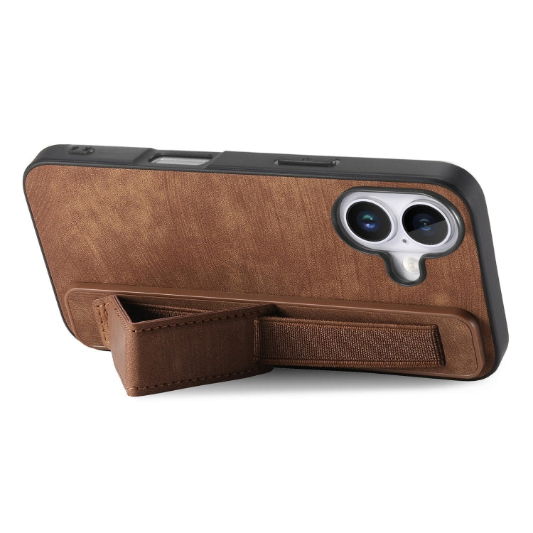 For iPhone 16 Retro Wristband Holder Leather Back Phone Case(Brown) - iPhone 16 Cases by buy2fix | Online Shopping UK | buy2fix