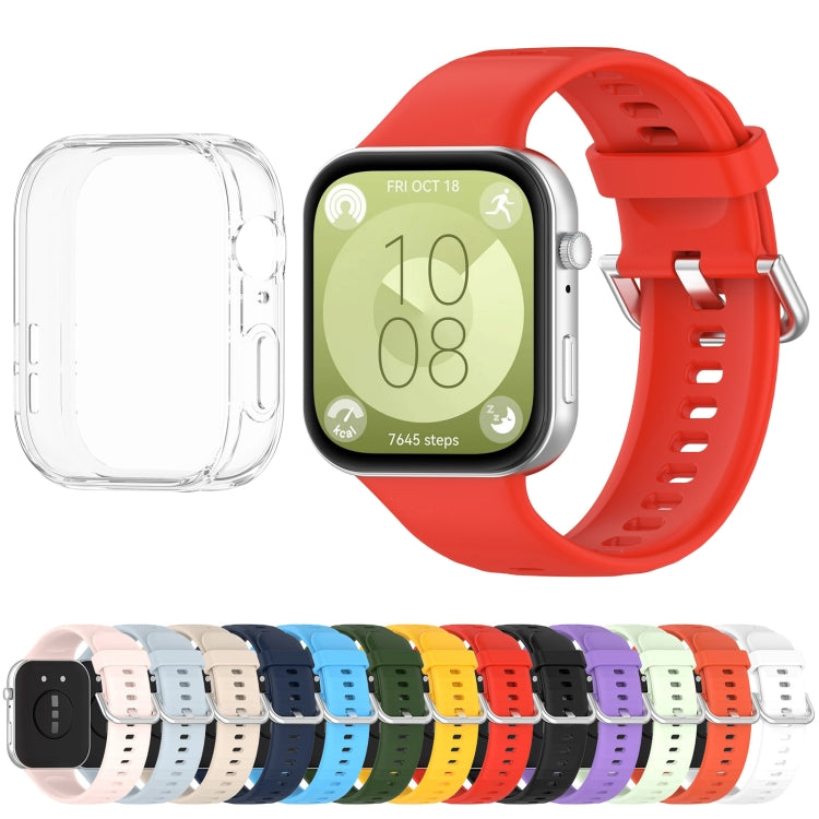 For Huawei Watch Fit3 Silicone Soft Watch Band + Clear Watch Protective Case Set(Orange) - Watch Bands by buy2fix | Online Shopping UK | buy2fix