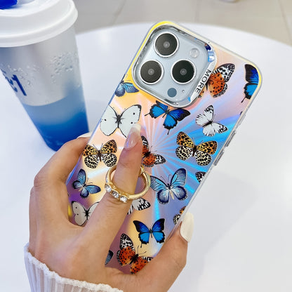 For iPhone 16 Plus Electroplating Laser Butterfly Ring Holder Phone Case(Blue Butterflies AB4) - iPhone 16 Plus Cases by buy2fix | Online Shopping UK | buy2fix