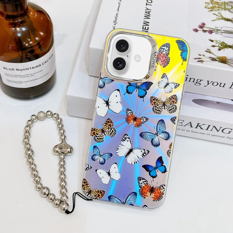 For iPhone 16 Electroplating Laser Butterfly Phone Case with Wrist Strap(Color Butterflies AB1) - iPhone 16 Cases by buy2fix | Online Shopping UK | buy2fix