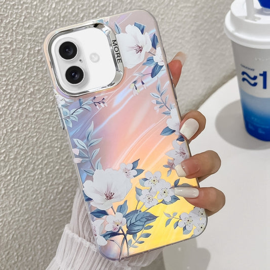 For iPhone 16 Electroplating Laser Flower Texture TPU Phone Case(White Flower AH10) - iPhone 16 Cases by buy2fix | Online Shopping UK | buy2fix