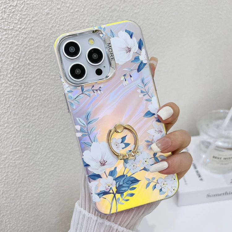 For iPhone 16 Pro Electroplating Laser Flower Ring Holder TPU Phone Case(White Flower AH10) - iPhone 16 Pro Cases by buy2fix | Online Shopping UK | buy2fix