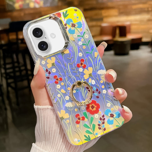 For iPhone 16 Plus Electroplating Laser Flower Ring Holder TPU Phone Case(Flower AH6) - iPhone 16 Plus Cases by buy2fix | Online Shopping UK | buy2fix