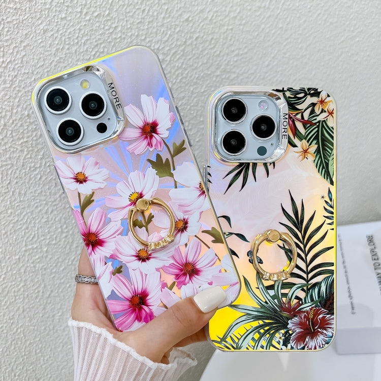 For iPhone 16 Electroplating Laser Flower Ring Holder TPU Phone Case(White Flower AH10) - iPhone 16 Cases by buy2fix | Online Shopping UK | buy2fix