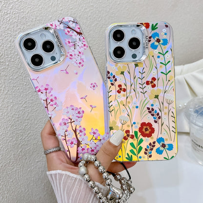 For iPhone 16 Electroplating Laser Flower Phone Case with Wrist Strap(Plum Blossom AH18) - iPhone 16 Cases by buy2fix | Online Shopping UK | buy2fix