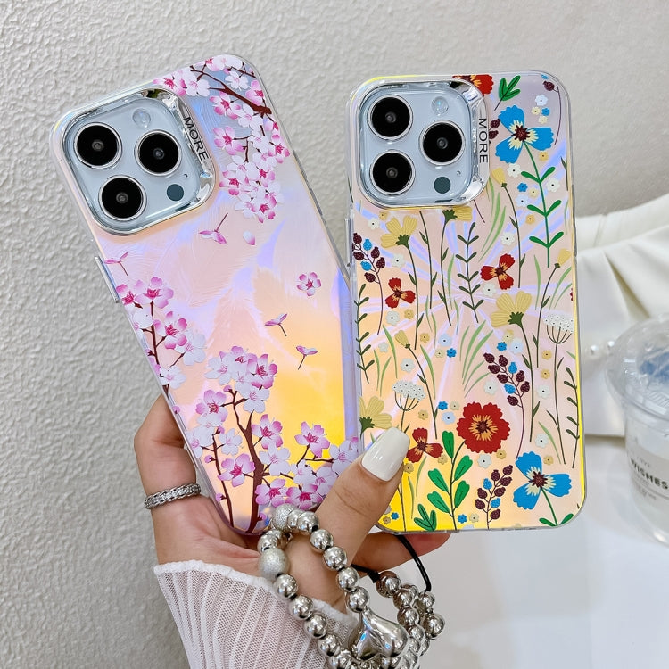 For iPhone 16 Pro Max Electroplating Laser Flower Phone Case with Wrist Strap(White Flower AH10) - iPhone 16 Pro Max Cases by buy2fix | Online Shopping UK | buy2fix