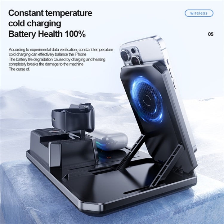 T50 5-in-1 Magnetic Wireless Charger Phone Watch Earphone Charging Stand with Clock & Speaker(Black) - Wireless Charger by buy2fix | Online Shopping UK | buy2fix